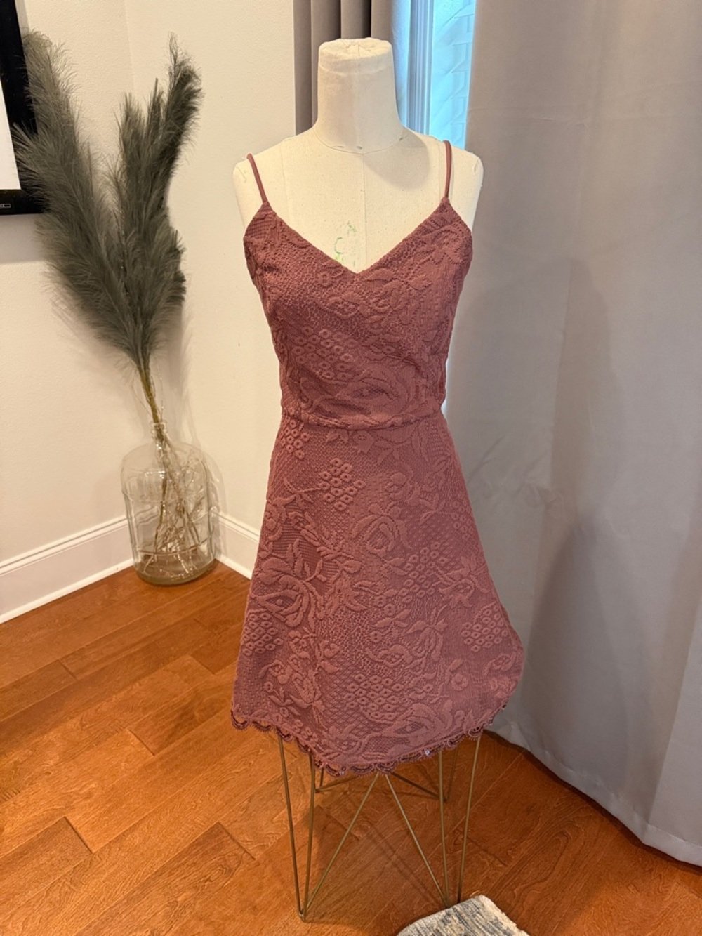 Altar'd State Dusty Rose Lace Mini Dress with Spaghetti Straps